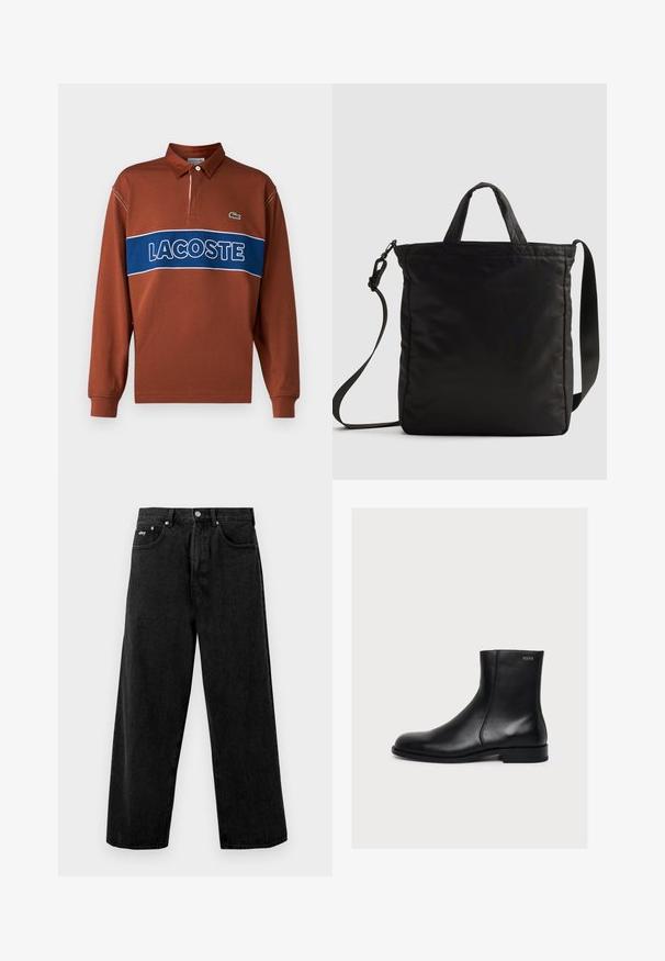 Pikend varrukatega polo särk roostepunases värvitoonis, millel on sinine horisontaalne triip, kus on valgete tähtedega "LACOSTE" tekst. Särgil on krae ja roheline logo detail.; Mustad jaladega mustad teksad, mis on valmistatud denimist ja millel on nupupäevaraamat ja eesmine tasku. Vöökoht on kaunistatud diskreetse brändi logo. Matte tekstuur.; Mustast siledast nahast pahkluu saabas madala kontsaga ja külgse tõmblukuga, peal Hugo silt lähedal ülaäärele.; Musternahk ja neetega must nailonist kott lühikeste käepidemete ja eemaldatava õlarihmaga, millel on stiilne, vatitatud disain ning minimaalsed riistvara aktsendid.