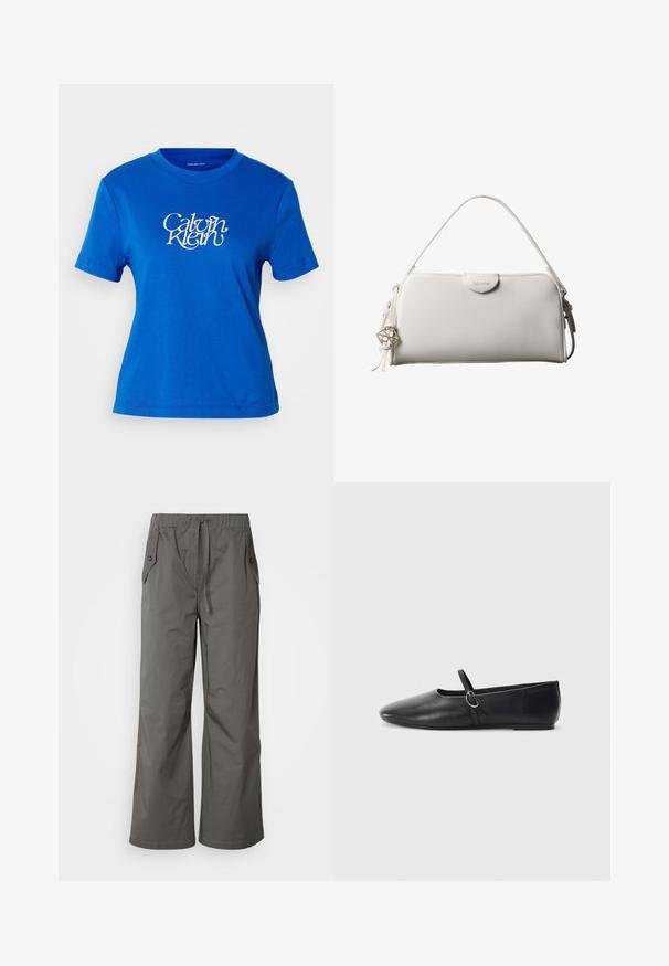 T-shirt en coton bleu avec un col ras du cou, des manches courtes et un logo "Calvin Klein" blanc imprimé sur le devant.; Pantalons gris à jambes larges en tissu léger, dotés d'une taille élastique, d'un cordon de serrage et de deux poches latérales avec des accents en bouton.; Ballerines noires en cuir avec un bout pointu, une semelle plate et une petite sangle avec un détail de boucle en argent.; Sac à main rectangulaire blanc Calvin Klein avec une seule poignée, design minimaliste et pampilles décoratives avec un charm métallique géométrique sur le côté.
