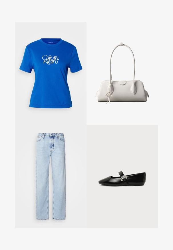 T-shirt en coton bleu avec un col ras du cou, des manches courtes et un logo "Calvin Klein" blanc imprimé sur le devant.; Jeans large bleus clairs en denim, avec une taille haute, un lavage décoloré et un motif tie-dye subtil à l'avant.; Chaussure plate Mary Jane en cuir noir avec bout arrondi et bride à boucle argentée sur fond uni.; Sac à bandoulière blanc Calvin Klein avec longues poignées, forme rectangulaire, fermeture éclair et charm logo décoratif suspendu près de la poignée.