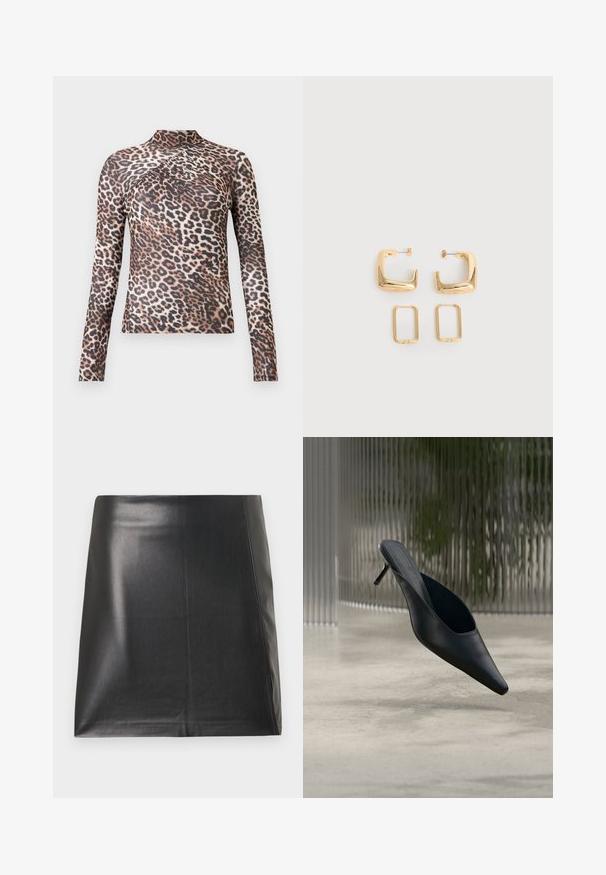 Langærmet kvindetop med høj krave, i brun og sort leopardprint med subtile plisserede detaljer over brystet.; Sort mininederdel af imiteret læder med en let sideslids og glat tekstur, vist fladt på en hvid baggrund.; Sort mule sko med spids tå og tynd høj hæl, der svæver over en glat beton gulv med en sløret baggrund med lodrette striber.; To par guldfarvede geometriske hoop-øreringe på en ensfarvet hvid overflade, et par firkantede og solide, et par rektangulære og hule.