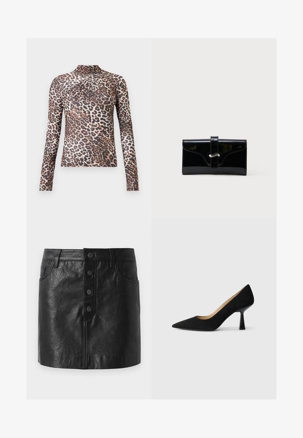 Langærmet kvindetop med høj krave, i brun og sort leopardprint med subtile plisserede detaljer over brystet.; Sort lædernederdel med høj talje, knaplukning foran, to sidelommer og en let A-formet silhuet. Tekstureret finish.; Sorte ruskinds højhælede pumps med spids tå, der har en blank sort blokhæl og en glat indvendig foring.; Sort blank rektangulær pung med forreste rem og sølvfarvet metalspænde, sat mod en ensfarvet hvid baggrund.