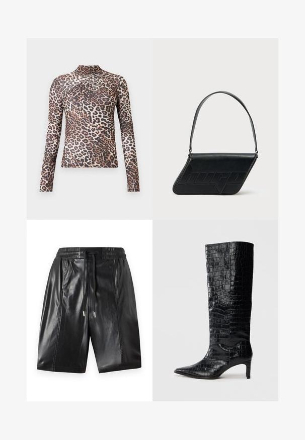 Langærmet kvindetop med høj krave, i brun og sort leopardprint med subtile plisserede detaljer over brystet.; Sorte lædershorts med elastisk talje, snøre detail og sidesømme. Glat tekstur med en glansfuld finish.; Sorte knæhøje støvler med en blank, krokodillemønstret tekstur, spids tå og en affaset hæl. Glat syntetisk materiale.; Sort skuldertaske i læder med trekantet form, præget logo og en enkelt justerbar rem. Minimalistisk design med glat tekstur.