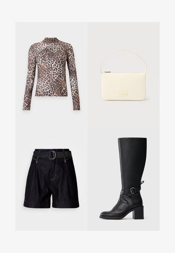 Langærmet kvindetop med høj krave, i brun og sort leopardprint med subtile plisserede detaljer over brystet.; Sorte denimshorts med bred linning og en sølvspænde. Har frontplisseringer, kontrastsyninger og en afslappet pasform.; Sort læder støvle til midt på læggen med blokhæl og dekorativ strop med sølvfarvet spænde på en enkel lys baggrund.; Kremfarvet rektangulær håndtaske med en enkelt rem og lynlås øverst, med en lille præget logo-plakette foran.