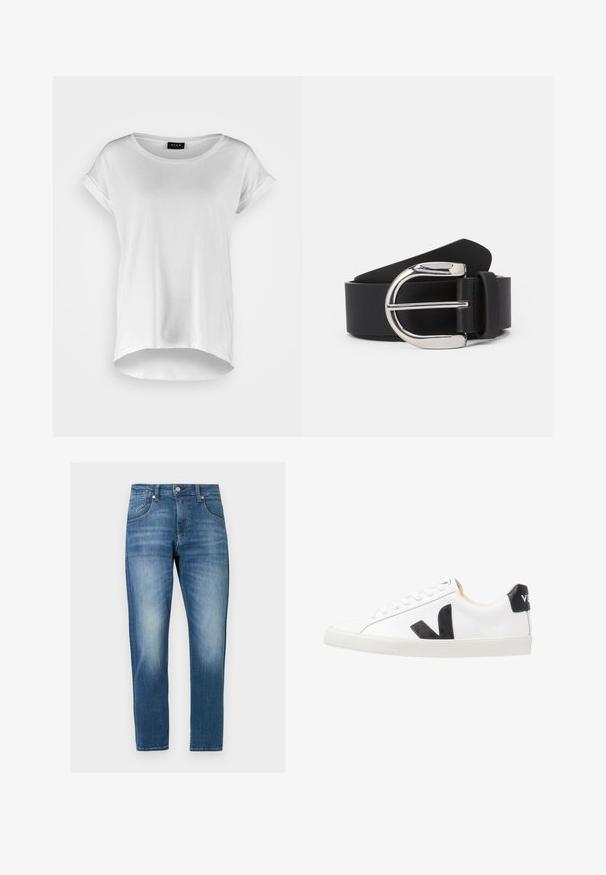 Witte T-shirt met korte mouwen en ronde halslijn, iets langere achterkant, zachte katoen stof en opgerolde mouwen. Geen zichtbare prints.; Blauwe spijkerbroek van denim met een rechte pijp, medium wassing en subtiele vervaging. Heeft vijf zakken, riemlussen en zilverkleurige knoopsluitingen.; Witte sneaker met een zwart V-logo, voorzien van een gladleren bovenwerk, ronde neus, vetersluiting en een contrasterende zwarte hieltab.; Zwarte leren riem met een zilveren metalen gespan, met een gladde textuur en een klassiek ontwerp. De riem heeft een breedte van 3,8 cm.