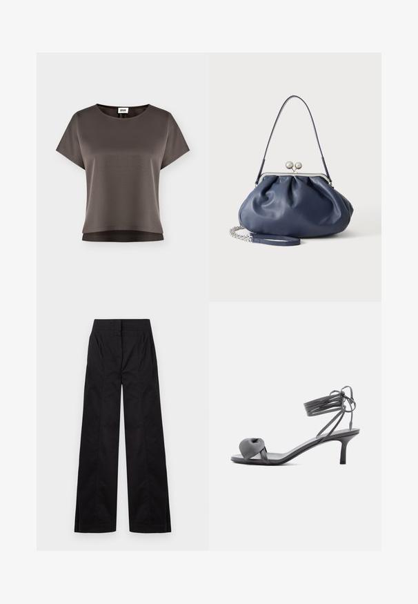 Haut court à manches courtes marron foncé avec encolure ronde et tissu lisse, présenté sur un fond clair uni.; Pantalon noir taille haute à jambes larges avec des détails de coutures frontales et des poches latérales, présenté sur un fond clair uni.; Sandale à talon en cuir gris avec une bride nouée sur les orteils et des lacets enroulants autour de la cheville, sur un talon moyen et fin, sur fond blanc.; Sac à main en cuir bleu marine doux avec fermeture à boucle argentée, une seule bandoulière, et une chaîne de poignet amovible sur fond blanc.