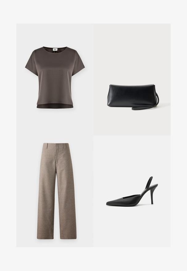Haut court à manches courtes marron foncé avec encolure ronde et tissu lisse, présenté sur un fond clair uni.; Pantalon taille haute à jambes larges avec petit motif à carreaux en beige, marron et noir, avec passants de ceinture et détails sur les coutures avant.; Chaussures à talons noires à bride arrière avec un bout pointu, en cuir lisse, et un design épuré et minimaliste. Talon aiguille haut.; Pochette en cuir noir lisse avec une fine lanière de poignet, forme rectangulaire, et logo embossé subtil centré sur le devant.