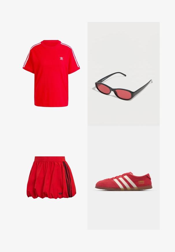 Rotes Baumwoll-T-Shirt mit rundem Ausschnitt, kurzen Ärmeln, weißen drei Streifen Akzenten an den Schultern und einem kleinen weißen Logo auf der Brust.; Roter Baumwollrock mit voluminöser Form, geraffter Taille und schwarzen Seitenstreifen. Kleines Logodetail in der Nähe des Saums. Glatte Textur.; Rote Wildledersneaker mit weißem Drei-Streifen-Design, flacher Außensohle und goldenen Logodetails. Niedrig geschnittenes Design mit runder Zehenpartie und Schnürverschluss.; Schwarze ovale Sonnenbrille mit schlanken Bügeln und rot getönten Gläsern, die auf einer weißen Oberfläche liegt.