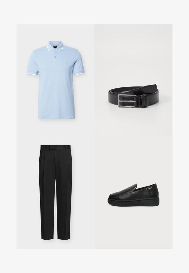 Polo à manches courtes bleu clair avec bordure blanche sur le col et les manches, patte à deux boutons et logo discret en relief sur la poitrine.; Pantalon noir droit et ajusté avec passants pour ceinture, poches latérales et pli sur le devant.; Chaussure noire en cuir à enfiler avec semelle épaisse et petits trous de ventilation latéraux, avec un logo doré "HUGO" près du talon.; Ceinture en cuir noir au toucher lisse, dotée d'une boucle rectangulaire en argent et d'un double détail de broche. Design classique et polyvalent.