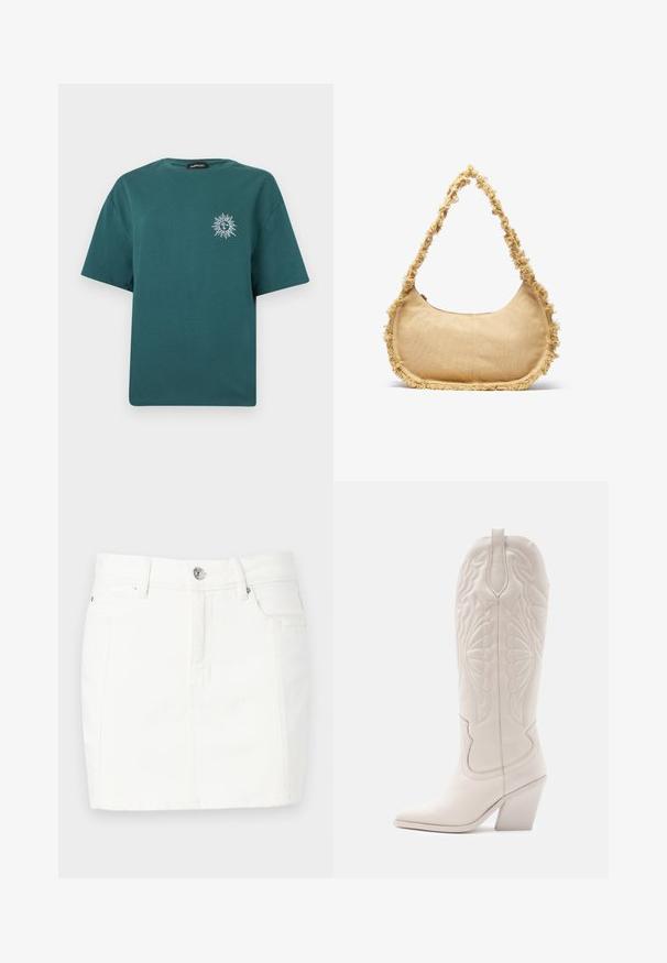 Teal short-sleeve t-shirt with a small white sun and moon graphic on the left chest and a crew neckline.; White denim skirt with a fitted design, featuring a front button closure, two side pockets, and a mid-thigh length. Smooth texture.; White leather cowboy boot with a pointed toe and a blocked heel. Features intricate stitching patterns on the shaft and smooth texture.; Textured beige bag with a rounded shape, frayed trim along the edges, and a short strap for carrying. Zippered opening at the top.
