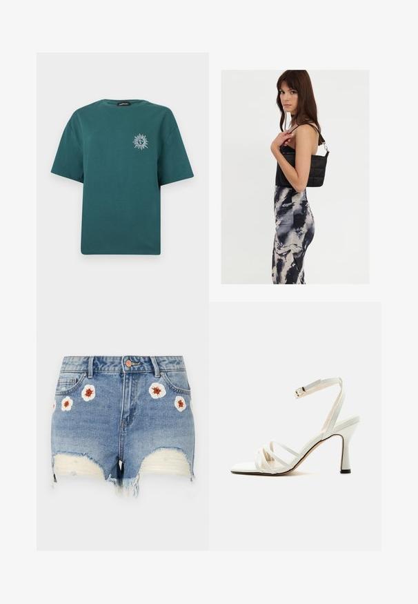 Korte mouw t-shirt in teal met een kleine witte zon en maan afbeelding op de linkerborst en een ronde hals.; Denim shorts met een rafelige zoom, lichtblauwe kleur, voorzien van bloemenborduurwerk in wit en bruin rondom de voorkant. Vijf-pocket ontwerp.; Witte sandaal met hoge hak, drie voorste bandjes en een verstelbare enkelriem met een gouden gesp.; Zwarte gewatteerde schoudertas met een enkele strap en zilveren hardware, gecombineerd met een fitted, tie-dye patroon jurk in tinten zwart en crème.