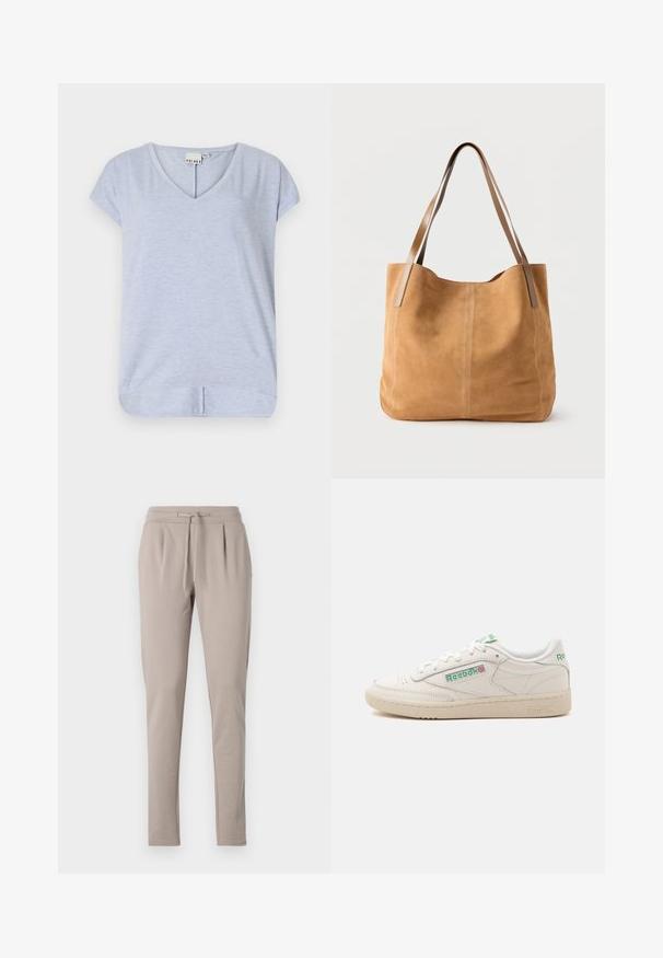 Top de color azul claro, de manga corta y cuello en V, hecho de una tela suave, con un dobladillo ligeramente curvado y una pequeña abertura lateral para facilitar el movimiento.; Pantalones de chándal beige con cintura ajustable, piernas ajustadas y detalle de pliegues en la parte delantera. Fabricados con un material suave y ligero.; Zapatilla blanca de corte bajo de Reebok con logo verde, cordones y suela beige, mostrada desde el lado interior sobre un fondo liso.; Bolso tote de ante color bronceado con largas asas de cuero marrón claro, textura suave y costuras sencillas sobre un fondo blanco liso.