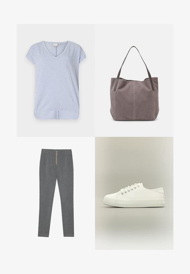 Top de color azul claro, de manga corta y cuello en V, hecho de una tela suave, con un dobladillo ligeramente curvado y una pequeña abertura lateral para facilitar el movimiento.; Pantalones grises ajustados hechos de una tela suave, con cremallera frontal, corte slim y sin patrones ni acentos visibles.; Zapatilla blanca baja con cordones blancos y suela de goma mostrada desde vista lateral sobre un fondo neutro.; Bolso tote de ante gris con dos asas de cuero oscuro. Presenta detalles de costura en los laterales, una textura suave y una abertura espaciosa.