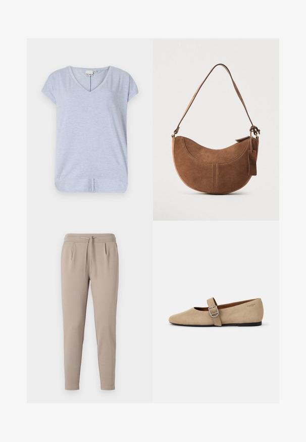 Lichtblauw T-shirt met korte mouwen en V-hals, gemaakt van een zachte stof, met een licht gebogen zoom en een kleine zijsplit voor meer bewegingsvrijheid.; Beige jogger broek gemaakt van zachte stof, met een elastische tailleband en trekkoord, en zijzakken. Tapered leg ontwerp.; Beige suède Mary Jane balletschoenen met een spitse neus en een enkele verstelbare band met een zilveren gesp. Zwarte platte zool.; Bruine suède handtas met een gebogen, halve maanvorm. Voorzien van een schouderriem, een klein label en zichtbare stiksels langs de randen.