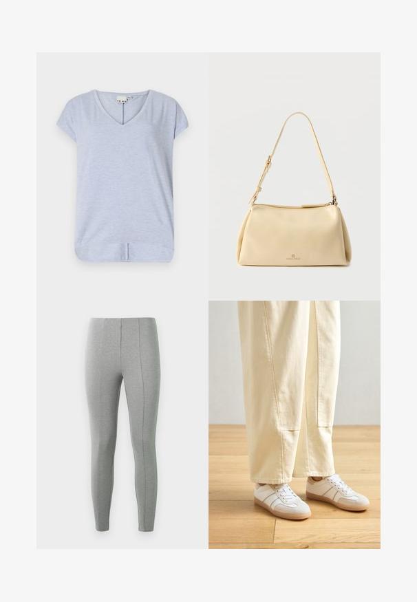 Lichtblauw T-shirt met korte mouwen en V-hals, gemaakt van een zachte stof, met een licht gebogen zoom en een kleine zijsplit voor meer bewegingsvrijheid.; Grijze leggings van zacht, rekbaar materiaal. Heeft een getailleerd ontwerp met verticale naden aan de voorkant voor extra detail.; Witte sneakers met een mix van gladde en suede texturen, voorzien van beige accenten en een rubberen zool, gecombineerd met lichtgekleurde wijde broeken.; Beige rechthoekige schoudertas met verstelbare riem en ritssluiting, met een klein "Anna Field" logo middenvoor.