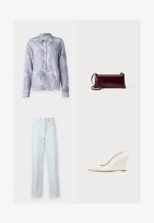 Hellblaue Button-up-Bluse aus weichem Material, mit einem wolkenartigen Muster, einem umgeschlagenen Kragen, langen Ärmeln und einer einzelnen Brusttasche.; Helle blaue Denim-Jeans mit weitem Bein und hoher Taille, ausgestattet mit einem Reißverschluss vorne, Knopfverschluss und klassischem Fünf-Taschen-Design.; Weißer Slingback Keilabsatz-Schuh aus Lackleder mit spitzer Schuhspitze und verstellbarem Schnallenriemen vor einfarbigem Hintergrund.; Burgunderfarbene Leder-Umhängetasche mit glatter Textur, rechteckiger Form, Klappenverschluss und einem dünnen, verstellbaren Trageriemen. Sichtbares goldfarbenes Logodesign.