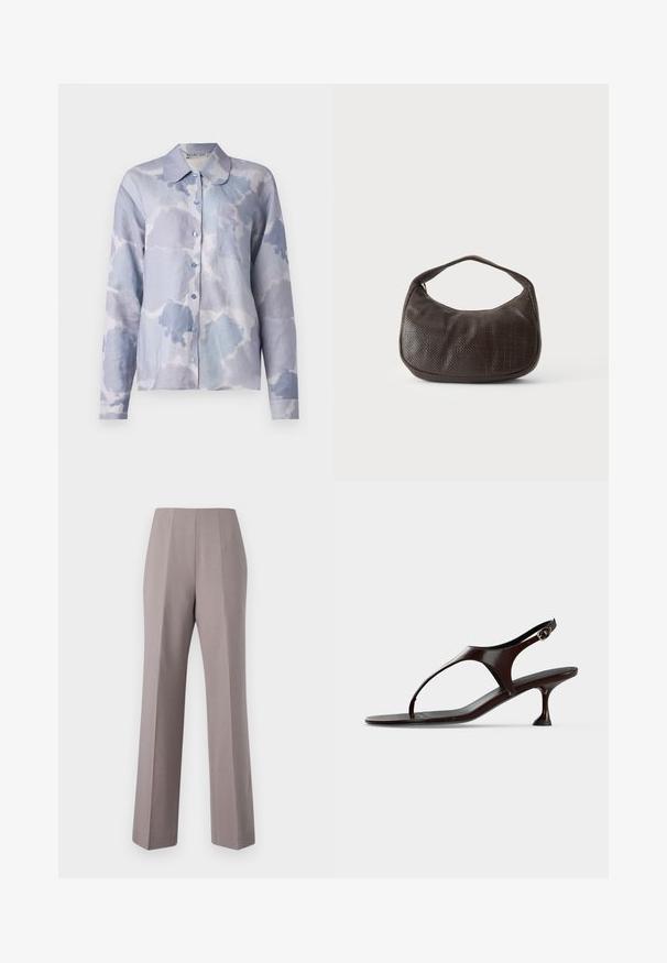 Hellblaue Button-up-Bluse aus weichem Material, mit einem wolkenartigen Muster, einem umgeschlagenen Kragen, langen Ärmeln und einer einzelnen Brusttasche.; Graue maßgeschneiderte Hosen mit hoher Taille, weitem Bein und scharfen Vorderfalten. Hergestellt aus glattem Stoff, mit klaren Kanten und ohne sichtbare Hardware.; Dunkelbraune Lackleder-Slingback-Sandale mit kittenabsatz und Zehensteg auf weißem Hintergrund.; Kleine dunkelbraune strukturierte Handtasche mit kurzem Trageriemen und abgerundetem Boden auf schlichtem hellem Hintergrund.