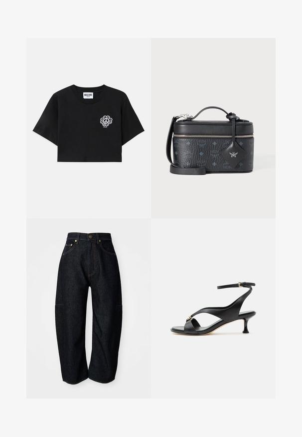 Camiseta negra recortada de algodón, con un gráfico de signo de paz floral en el área izquierda del pecho, con mangas cortas y escote redondo.; Jeans de mezclilla oscura con un corte relajado, que presentan costuras naranjas sutiles, bolsillos frontales y una cinturilla plana con un cierre de botón.; Sandalia negra de cuero para mujer con tacón bajo curvado, tiras cruzadas y correa ajustable en el tobillo con pequeña hebilla dorada.; Bolso bandolera de cuero negro texturizado con cremallera plateada, asa superior, correa desmontable y colgante de logo en forma de diamante.