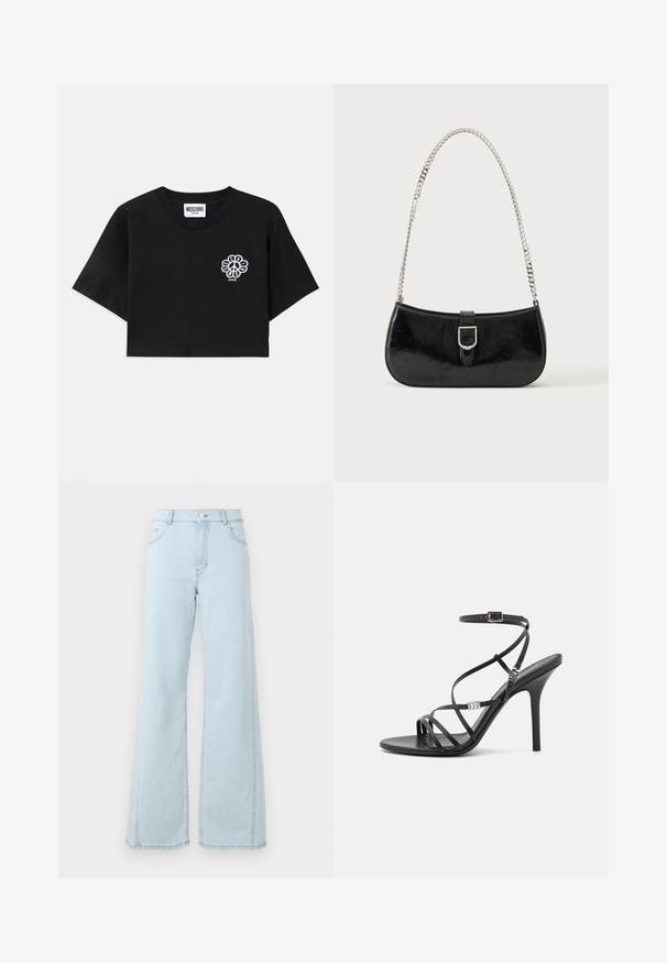 Sort crop-top i bomuld med et blomsterprint af fredstegn på venstre bryst, med korte ærmer og rund hals.; Lysblå denim wide-leg jeans har høj talje, frontlommer og synlige stiksyninger på sømmene og kanten.; Sort højhælet sandal med tynde stropper, en ankelspænde, en glat læderoverflade og en slank stilethæl.; Sort skuldertaske i laklæder med sølv spænde og sølv kæderem, vist mod en ensartet lys baggrund.