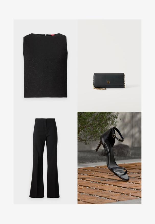 Sort ærmeløs top med et struktureret mønster, firkantet halsudskæring og en lynlås i ryggen. Har logo-detaljer subtilt vævet ind i stoffet.; Sorte svingbukser lavet af et glat stof, med højtaljet talje, forreste folder og en ren finish ved sømmene.; Sort højhælet sandal med ankelsnor, der ser ud til at svæve over et trægulv udendørs med sløret grønt og sten i baggrunden.; Sort læderclutch med guldkæde og lille gyldent Hugo-logo foran mod hvid baggrund.