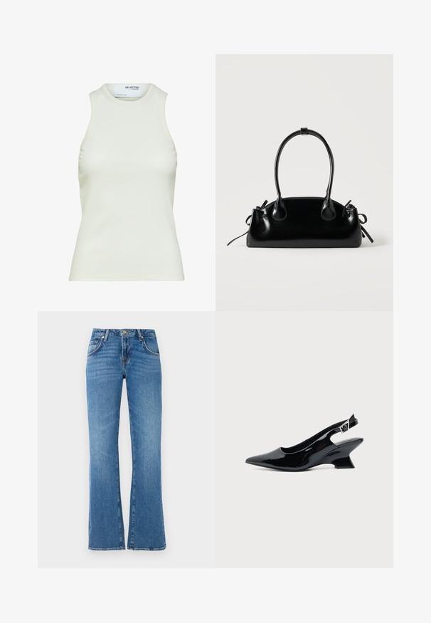 Mouwloos wit geribd tanktop met ronde halslijn van Selected Femme, frontaanzicht zonder patronen of versieringen.; Lichtblauwe denim jeans met een flared leg ontwerp, voorzien van vijf zakken, een knoop- en ritssluiting, en subtiele whiskering patronen.; Zwarte lakleren slingback schoen met spitse neus en lage schuine blokhak op een effen lichte achtergrond.; Kleine zwarte glanzende handtas met twee lange hengsels en zijkant trekkoord details op een effen lichte achtergrond.