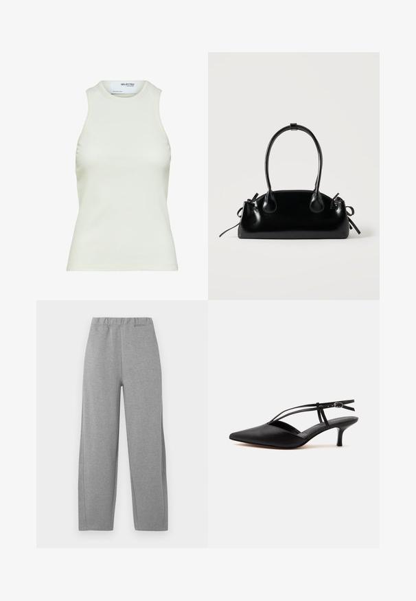 Camiseta sin mangas blanca acanalada con escote redondo de Selected Femme, mostrando vista frontal sin patrones ni decoraciones.; Pantalones deportivos gris claro con un ajuste relajado, cintura elástica y detalles en las costuras laterales. Hechos de material suave y transpirable. Diseño sencillo.; Zapato de piel negra con puntera puntiaguda y tacón kitten, con tira fina en el tobillo y hebilla, diseño slingback, sobre un fondo liso y claro.; Pequeño bolso negro brillante con dos asas largas y detalles de cordón lateral sobre un fondo claro liso.