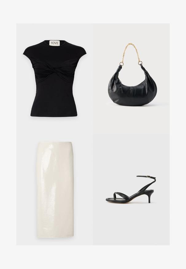 Schwarzes, kurzärmliges Oberteil mit gedrehtem Vorderteil und taillierter Silhouette. Hergestellt aus einem glatten Stretchstoff. Marke: TOVE.; Glänzender, cremefarbener Bleistiftrock mit glatter Textur und taillierter Silhouette, knieumspielend gestaltet und ohne sichtbare Verschlüsse.; Schwarze Ledersandale für Damen mit dünnen Riemchen, einer Zehenlasche, einer Knöchelschnalle und einem mittelhohen Stöckelabsatz vor neutralem Hintergrund.; Schwarze, halbmondförmige Handtasche aus Leder mit goldenem Kettenriemen und seitlichem Reißverschluss.