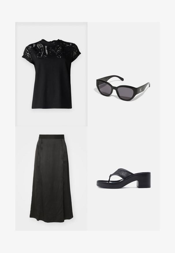 AllSaints ANNA SNAKE TEE - T-shirts print - black; Sort satin maxiskirt med en glat tekstur, elastisk talje og sidesømme. Gulvlængde designet forbedrer flowet og draperingen.; Sort hælet flip-flop sandal med kraftig hæl og bredt netstofsrem over foden på en ensfarvet lys baggrund.; Sorte solbriller med et strømlinet, vinklet design, mørke linser og et kontrasterende sølvlogo på siden. Glat plastoverflade.
