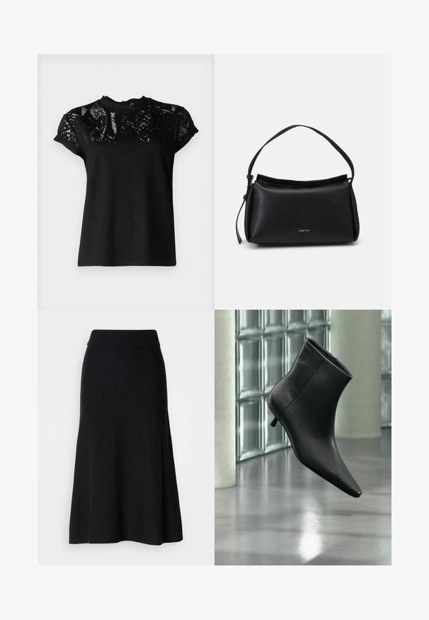 AllSaints ANNA SNAKE TEE - T-shirt print - black; Zwarte gebreide uitlopende rok met een brede tailleband, midi-lengte, gladde textuur en zonder zichtbare patronen of hardwaredetails.; Zwarte leren enkellaars met spits toelopende neus en lage kittenhak, schuin weergegeven tegen een gepolijste vloer en een glazen blokken muur als achtergrond.; Zwarte leren handtas met een gebogen vorm, een enkele schouderband en een ritsluiting aan de bovenkant. Heeft een subtiel logo aan de voorkant voor branding.