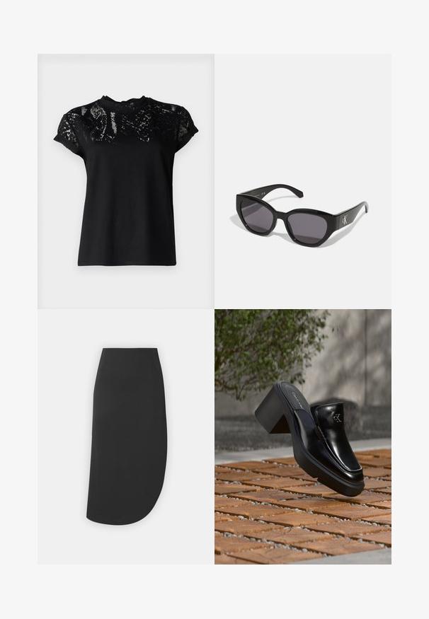 AllSaints ANNA SNAKE TEE - T-Shirt print - black; Schwarzer, knielanger Rock mit asymmetrischem Saum, glatter Textur und ohne sichtbare Verschlüsse oder Muster, entworfen für einen minimalistischen Look.; Schwarze Leder-Slip-on-Mule von Calvin Klein mit Blockabsatz, die auf Holzfliesen im Freien nahe einer grünen Pflanze und einer grauen Wand ruht.; Schwarze Sonnenbrille mit einem schlanken, kantigen Design, dunklen Gläsern und einem kontrastierenden silbernen Logo an der Seite. Glatte Kunststoffoberfläche.