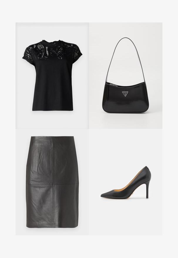 AllSaints ANNA SNAKE TEE - T-shirts print - black; Sort lædernederdel med en glat tekstur, der har lodrette sømme og en lige skæring. Ingen synlig hardware eller accenter.; Sort læder spidse stiletto hæle med høj hæl, der har en glat overflade og minimalistisk design. Indersiden er foret i tan farve.; Sort patenteret læder skuldertaske med en buet form, prydet med et sølvfarvet trekantet logo og en lynlås-lukning. Glat tekstur og slank rem.
