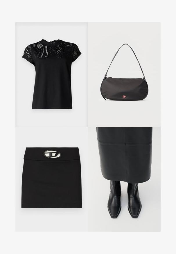 AllSaints ANNA SNAKE TEE - T-Shirt print - black; Schwarzer Minirock mit flachem Bund. Verfügt über eine auffällige metallische Logo-Schnalle an der Vorderseite. Hergestellt aus glattem Stoff ohne sichtbare Muster.; Schwarze Lederstiefel mit hohem Schaft und quadratischer Zehenform sowie seitlichem Reißverschluss. Glatte Textur und minimales Zubehör; kombiniert mit einem schwarzen Lederrock.; Schwarze Schultertasche mit geschwungener Form, Reißverschluss, schlankem Griff und kleinem roten Herz-Logo mit der Aufschrift "HUGO" in der Mitte vorne.