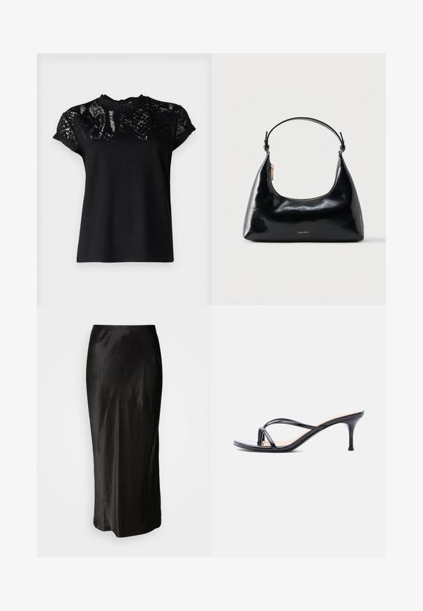 AllSaints ANNA SNAKE TEE - T-shirt print - black; Zwarte satijnen rok met een gladde textuur. Vloerlange uitvoering met een strakke taille en een lichte flare aan de zoom. Geen zichtbare patronen of hardware.; Zwarte laklederen sandaal met hakken, dunne gekruiste bandjes en een slanke, middelhoog stilettohak op een witte achtergrond.; Zwarte glanzende Calvin Klein handtas met gouden rits en korte band tegen een effen witte achtergrond.