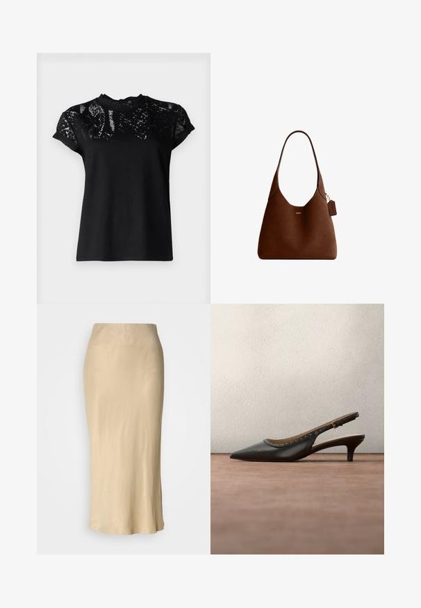 AllSaints ANNA SNAKE TEE - T-shirts print - black; Beige satin midi nederdel med en glat, skinnende tekstur. Tæt talje med en udvidet nederste kant, der har et minimalistisk design uden synlige mønstre.; Sort læder slingback-sko med spids tå, gyldne nitteaccents langs kanten og en beskeden hæl. Glat tekstur og slankt design.; Brun læder skuldertaske med en enkelt strop, lille gyldent Coach-logo foran og et matchende lædermærke fastgjort til stroppen.