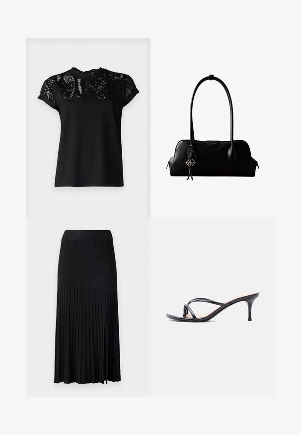 AllSaints ANNA SNAKE TEE - T-shirts print - black; Sort plisseret midi-nederdel med ribbet talje, der har tekstureret stof, sidelæg og lodrette linjer gennem hele designet.; Sort laklædersandal med hæl, tynde krydsede remme og en slank mellemhøj stilethæl på en hvid baggrund.; Sort lædertaske fra Calvin Klein med lange håndtag, en forside-logo-tag og en sølv geometrisk vedhæng, der hænger fra det ene håndtag.