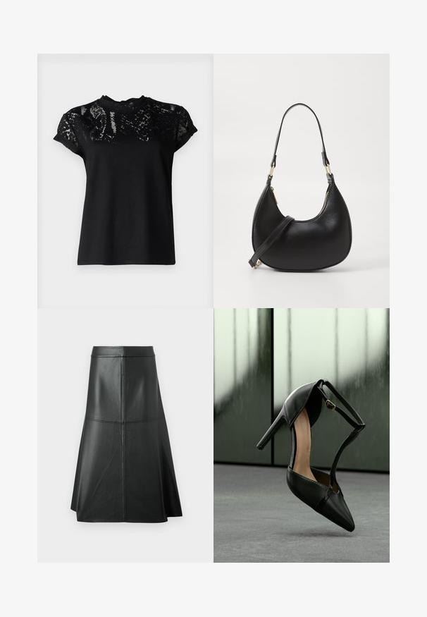 AllSaints ANNA SNAKE TEE - T-shirts print - black; Sort læder A-linje nederdel, glat tekstur, midt på læggen, med vandret syninger ved taljen og sømmene for ekstra struktur.; Sort læder højhælet sko med spids tå og ankelrem, hængende over en grå overflade med frostede glasplader i baggrunden.; Sort læder håndtaske med en buet form, udstyret med en top-lynlås, et kort håndtag og en aftagelig crossbody-strop. Gyldne hardware-accenter.