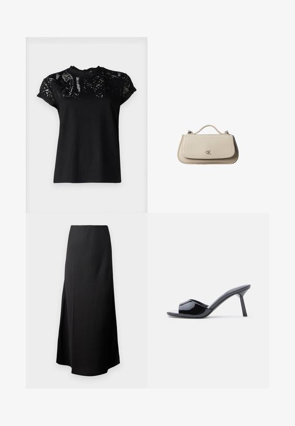 AllSaints ANNA SNAKE TEE - T-shirts print - black; Sort midi-nederdel med en glat tekstur, designet med høj talje og en sidelægning, prydet med en simpel, udekoreret silhuet.; Sorte laklæder sandaletter med åben tå, der har et buet overdesign og en spids stilethæl. Glat, blank finish.; Lille beige læderhåndtaske med top håndtag og sølv CK-logo på frontklap, vist mod en hvid baggrund.