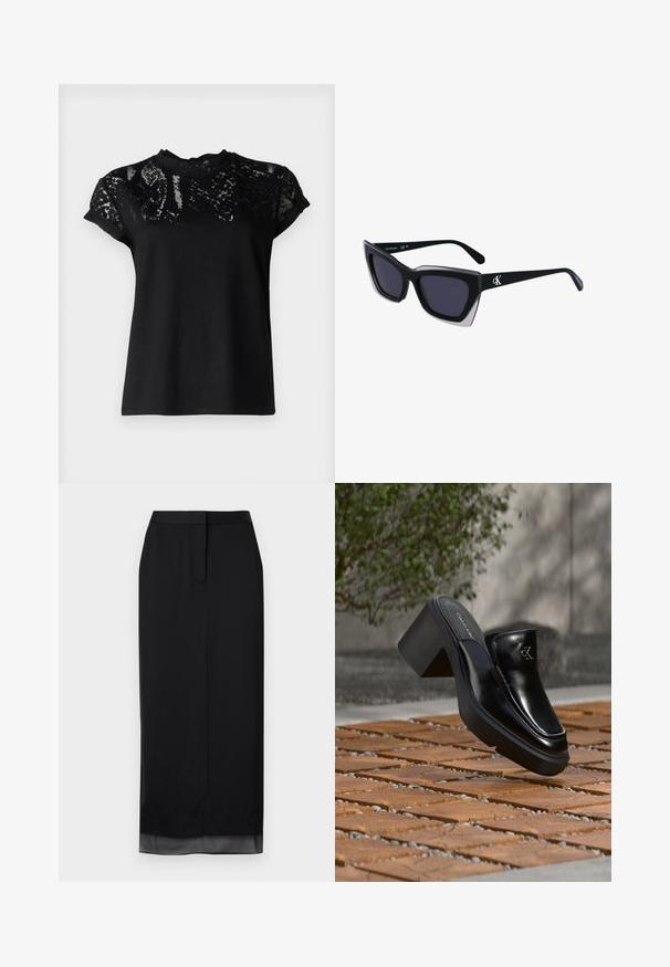 AllSaints ANNA SNAKE TEE - T-shirt print - black; Zwarte lange rok van gladde stof. Heeft een rechte silhoeet met een subtiele doorschijnende zoom, een op maat gemaakte tailleband en een split aan de achterkant.; Zwarte leren Calvin Klein slip-on mule met blokhak rustend op houten tegels buiten, vlak bij een groene plant en een grijze muur.; Zwarte oversized zonnebril met een geometrische vorm, voorzien van donkere glazen en een contrasterend grijs detail op het montuur. Logo op de arm.