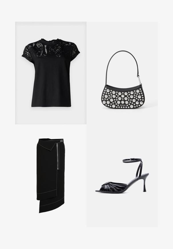 AllSaints ANNA SNAKE TEE - T-shirt print - black; Zwarte midi-rok met een brede kraag, voorzien van een zijrits, witte stikselaccenten en een asymmetrisch ontwerp aan de onderkant. Gladde textuur.; Zwarte sandaal met hoge hak van lakleer, open teen, gerimpeld voorkantontwerp en verstelbare enkelband met gesp.; Zwarte leren handtas met een gebogen vorm, voorzien van zilveren studs in verschillende maten en een korte schouderband. "HUGO" logo gedrukt aan de voorkant.