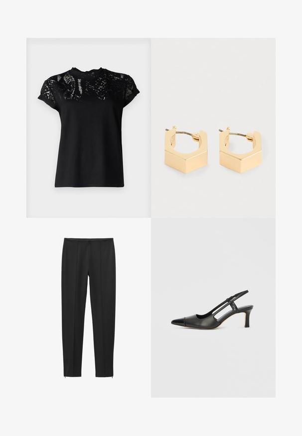 AllSaints ANNA SNAKE TEE - T-shirts print - black; Sorte slim-fit bukser med lodrette sømme og små lynlåse nederst på hvert ben.; Sort læder slingback-sko med spids tå, der har en blank accent på tåhætten og en mellemhøj hæl. Åben sidesektion.; Et par små guldfarvede geometriske hoops med kantede kanter og bageste lukninger på en lys baggrund.