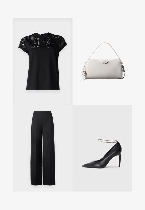 AllSaints ANNA SNAKE TEE - T-Shirt print - black; Schwarze weit geschnittene Hosen aus glattem Stoff. Sie verfügen über einen hohen Bund und klare, gerade Linien ohne sichtbare Taschen oder Verzierungen.; Schwarze Leder-Pumps mit hohen Absätzen und spitz zulaufender Zehenpartie, ausgestattet mit einem dünnen silbernen Kettenknöchelriemen und einer eleganten, glatten Textur.; Weiße rechteckige Calvin Klein Handtasche mit einem einzelnen Henkel, minimalistischem Design und dekorativen Quasten mit geometrischem Metallanhänger an der Seite.