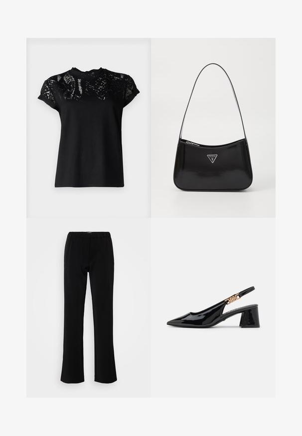 AllSaints ANNA SNAKE TEE - T-Shirt print - black; Schwarze Hose mit ausgestelltem Design, hergestellt aus einem glatten Stoff. Verfügt über einen elastischen Bund für Komfort und eine saubere, schlichte Silhouette.; Schwarze Lackleder Slingback-Pumps mit einer spitzen Zehe und goldfarbener Hardware am Riemen, ausgestattet mit einem Blockabsatz. Glatte Textur.; Schwarze patentierte Leder-Schultertasche mit geschwungener Form, ausgestattet mit einem silbernen Dreieckslogo und einem Reißverschluss. Glatte Textur und schmaler Riemen.