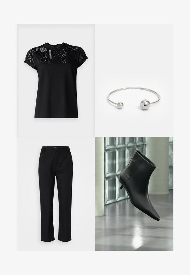AllSaints ANNA SNAKE TEE - T-Shirt print - black; Schwarze Hose aus einem glatten Stoff mit geradem Bein, vorderen Falten und einem elastischen Bund für Komfort. Keine sichtbaren Beschläge.; Schwarzer Leder-Stiefelette mit spitzer Zehenpartie und niedrigem Kitten-Heel, schräg dargestellt vor einem polierten Boden und einer Glasbausteinwand.; Silberner Metallarmreif mit zwei kugelförmigen Akzenten an jedem Ende, glatte Oberfläche, offenes Design und schlanker, minimalistischer Form.