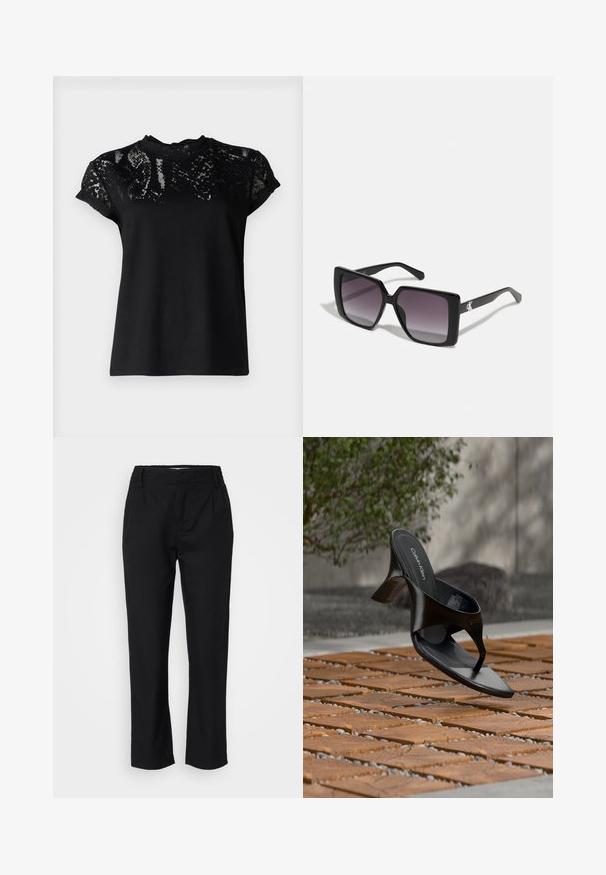 AllSaints ANNA SNAKE TEE - T-shirt print - black; Zwarte broek van een soepele stof, met een recht gesneden pijp, plissee's aan de voorkant en een elastische tailleband voor comfort. Geen zichtbare hardware.; Zwarte Calvin Klein hoge hak teenslipper die zweeft boven een betegeld buitenterrein met groen en een betonnen muur op de achtergrond.; Zwarte vierkante zonnebrillen met gradiënt grijze lenzen. Glanzende monturen met strakke lijnen. Zilveren logo-accent op de veren.