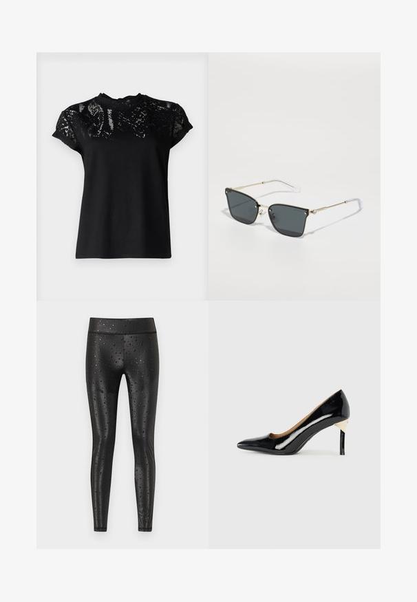 AllSaints ANNA SNAKE TEE - T-shirts print - black; Sorte, højttaljede, skinnende leggings med vanddråbemønster, tætsiddende pasform og ben i fuld længde mod ensfarvet baggrund.; Sorte patenterede læder højhælede sko med spids tå og udskæring design; har et slankt guldaccent på hælen. Enkel og elegant.; Sorte solbriller med geometrisk form, guld metal stel og gennemsigtige tempelspidser. Indeholder krystal detaljer nær hængslerne.