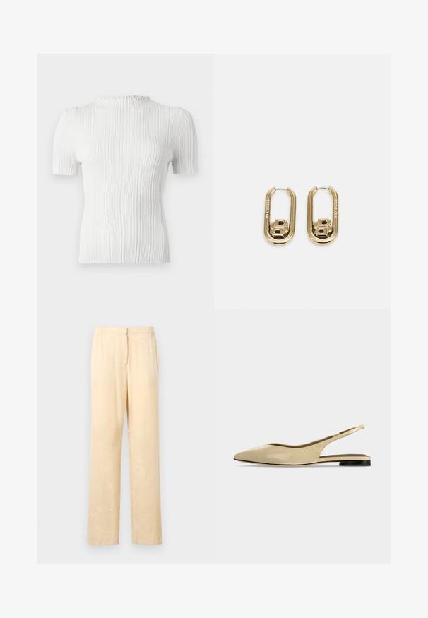Top blanc à manches courtes côtelé avec un col haut et une finition texturée. Présente des lignes verticales subtiles et une silhouette ajustée.; Pantalons lâches de couleur jaune clair avec un motif de feuilles subtil. Dotés d'une taille élastique et d'une coupe droite. Texture lisse.; Chaussure plate beige à bout pointu avec bride arrière, petit talon noir et finition en cuir lisse, vue de côté sur un fond uni.; BOSS DOUBLE B SWING - Boucles d'oreilles - gold-coloured