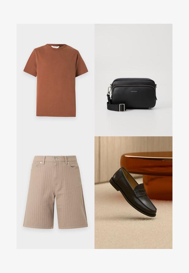 Braunes Kurzarm-T-Shirt mit Rundhalsausschnitt aus weichen Baumwollmaterial, das ein schlichtes Design ohne sichtbare Muster oder Verzierungen aufweist.; Beige Shorts aus strukturiertem Stoff mit vertikalen Streifen, einem Bund mit vorderer Knopfleiste und seitlichen Taschen.; Schwarzer Leder-Loafer, der über einem hellbeigen Teppich schwebt, mit bernsteinfarbenen modernen Möbeln im Hintergrund.; Schwarze Leder-Crossbody-Tasche mit zwei Reißverschlussfächern, strukturiertem Finish, verstellbarem Tragegurt und silbernen Hardware-Details. Calvin Klein-Logo angebracht.