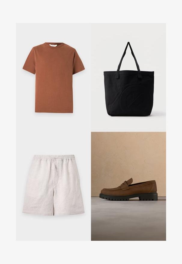 Braunes Kurzarm-T-Shirt mit Rundhalsausschnitt aus weichen Baumwollmaterial, das ein schlichtes Design ohne sichtbare Muster oder Verzierungen aufweist.; Hellbeige Leinen-Shorts mit elastischem Bund und Kordelzug, knielang, flach liegend auf weißem Hintergrund.; Dunkelbrauner Lederloafer mit dicker schwarzer Gummisohle, dargestellt über beigem Teppich und Sofa-Hintergrund.; Schwarze Canvas-Shopper-Tasche mit zwei Schulterriemen und einem dezenten, eingeprägten kreisförmigen Design auf der Vorderseite.