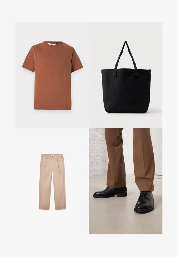 Braunes Kurzarm-T-Shirt mit Rundhalsausschnitt aus weichen Baumwollmaterial, das ein schlichtes Design ohne sichtbare Muster oder Verzierungen aufweist.; Khaaki-Hosen aus Baumwolle mit geradem Bein, ausgestattet mit zwei Vordertaschen, einem Knopfverschluss und einer klassischen Passform.; Schwarze Lederschuhe mit glatter Oberfläche und runder Zehenpartie, mit Schnürverschluss und einer flachen, niedrigen Sohle. Kombiniert mit braunen Hosen.; Schwarze Canvas-Shopper-Tasche mit zwei Schulterriemen und einem dezenten, eingeprägten kreisförmigen Design auf der Vorderseite.