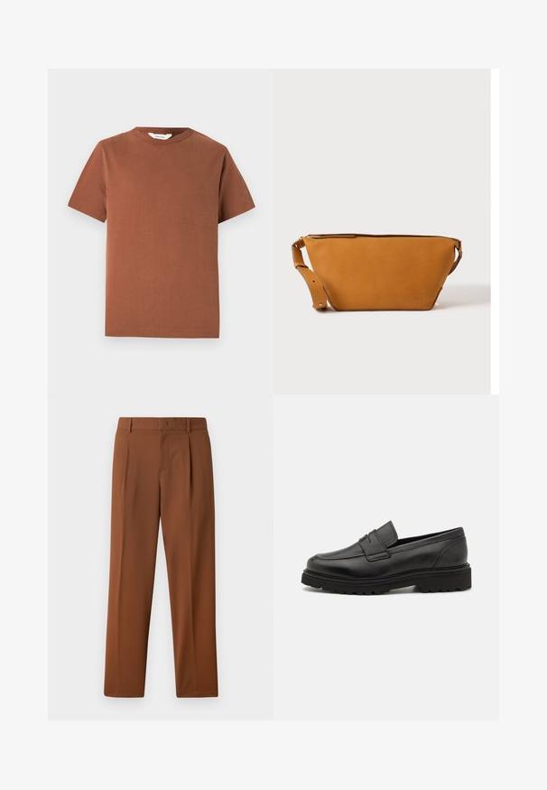 Brun kortærmet t-shirt med rund hals lavet af blød bomuld, med et enkelt design uden synlige mønstre eller dekorationer.; Brune bukser med en glat, mat tekstur, der har en folder foran og lige ben. Lavet af letvægts, åndbart stof.; Sort læder loafersko med rund tå, syningsdetaljer og en tyk, struktureret sål. Har et elegant, minimalistisk design.; Lys brun læder crossbody taske med justerbar rem og lynlås, vist mod en ensartet lys baggrund.
