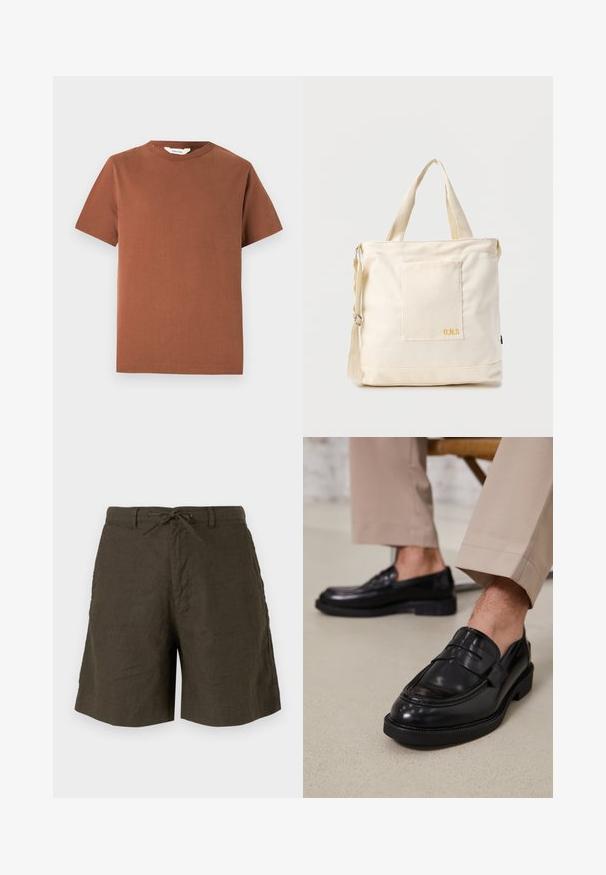 Brun kortærmet t-shirt med rund hals lavet af blød bomuld, med et enkelt design uden synlige mønstre eller dekorationer.; Kaki shorts lavet af hør, med elastisk talje, sidelommer og en afslappet pasform med en glat tekstur.; Sorte lædermokkasiner med en glat overflade, der har en dekorativ rem og kontraststing, parret med beige bukser.; Kremfarvet lærredstote-taske med frontlomme, to håndtag, justerbar skulderrem og lille gul "O.N.S" tekst i nederste højre hjørne af lommen.